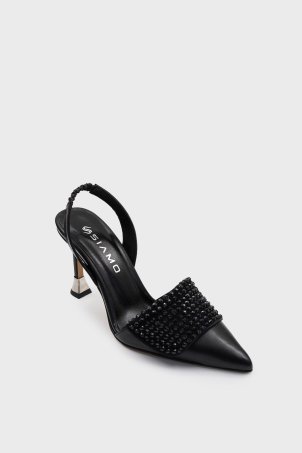 SKT-064 Siyah Deri Taş Aksesuarlı Topuklu Ayakkabı