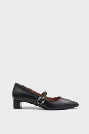 SKT-080 Black Leather Buckle Detailed Women's Heeled Shoes