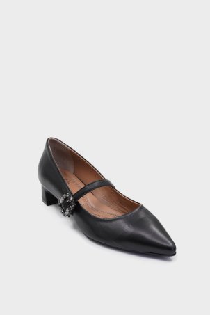 SKT-080 Black Leather Buckle Detailed Women's Heeled Shoes